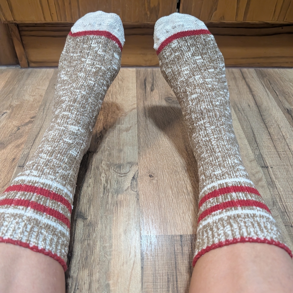 Brown & Cream Crew Socks with Red Stripe - Women's